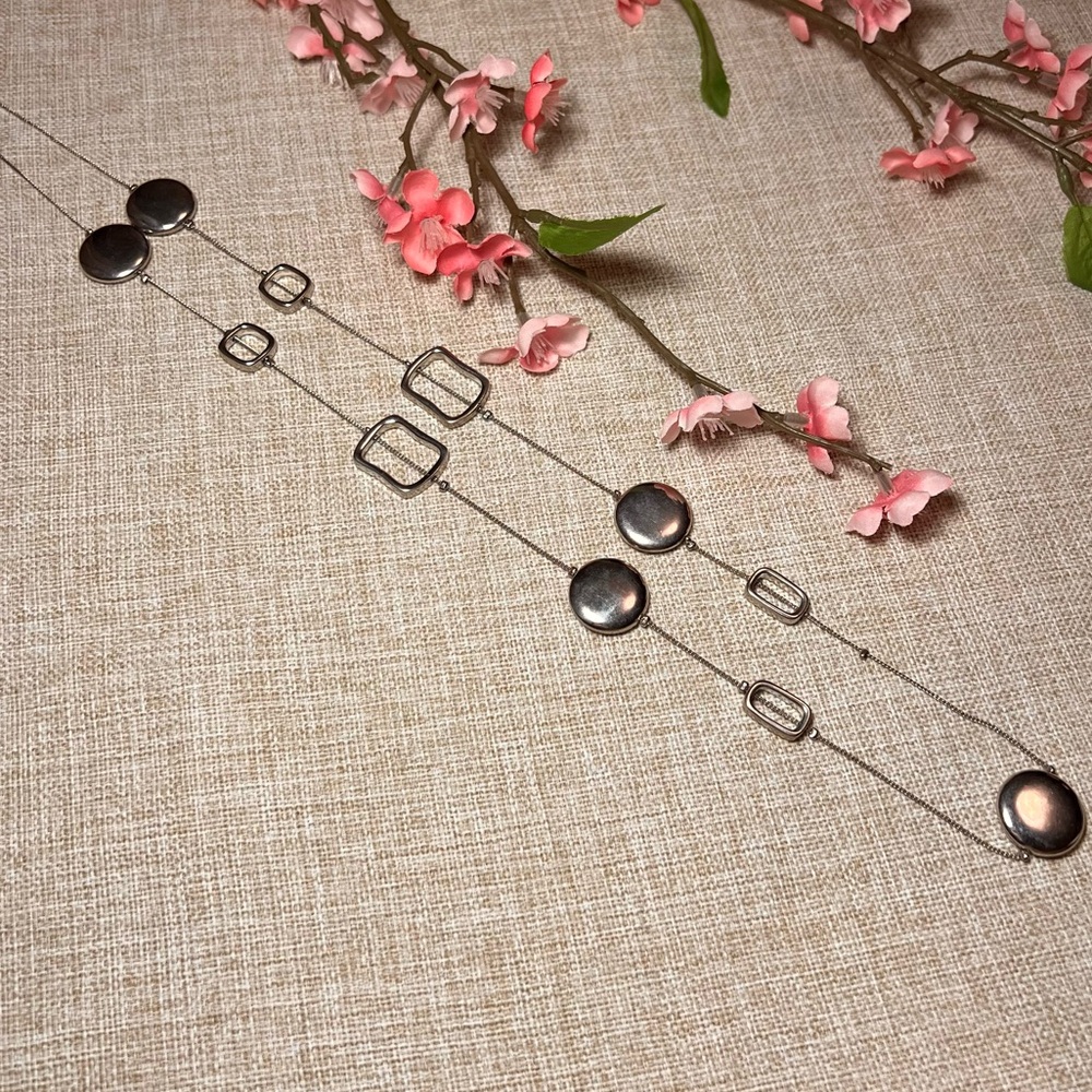 Silver Circle and Square Long Maximalist Elegant Layering Necklace